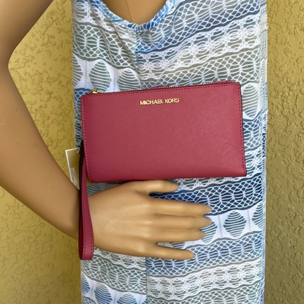 Michael Kors Jet Set Travel Large Double Zip Wristlet Wallet Rosewood Leather - Picture 13 of 16